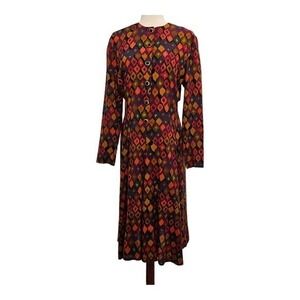 Vintage Womens 80s Geometric Print Fit and Flare Midi Dress Retro Jewel Tone